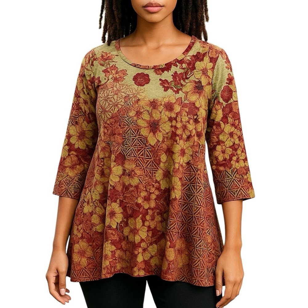 NEW One World Autumn Tunic Length Red Green Floral Studded Knit Hi Low Sz S